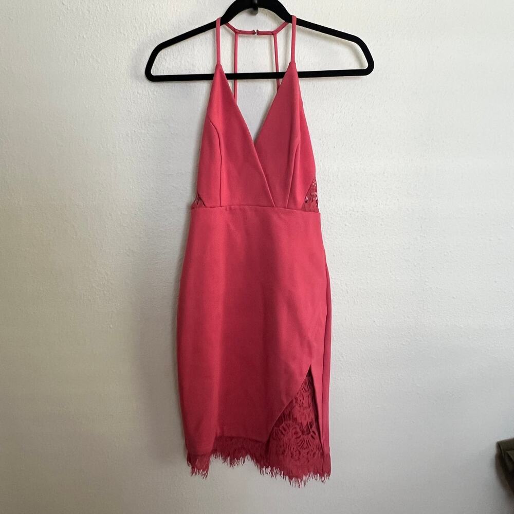 New ASTR The Label Peeking Lace Halter Bodycon Dress Red Baroque Sleeveless Sz S